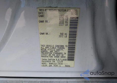 2016 Nissan Altima 2.5/2.5 S/2.5 Sl/2.5 Sr/2.5 Sv z USA, uszkodzony, nr VIN 1N4AL3AP1GN337188